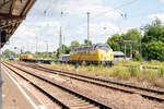 Baureihe 221/567390/221-106-8-egp---eisenbahngesellschaft-potsdam 221 106-8 EGP - Eisenbahngesellschaft Potsdam mbH mit drei Containerwagen und vier V60 in Stendal und fuhr weiter nach Wittenberge am 21.07.2017. Bei den V60 handelt es sich um 345 362-8, 345 363-6, 345 364-4 und 345 365-1.